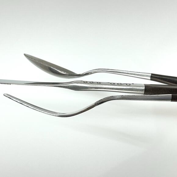 Vtg 3pc Flatware INTERPUR INR2 Japan Stainless Steel Brown Faux Wood Scroll MCM - Picture 8 of 14